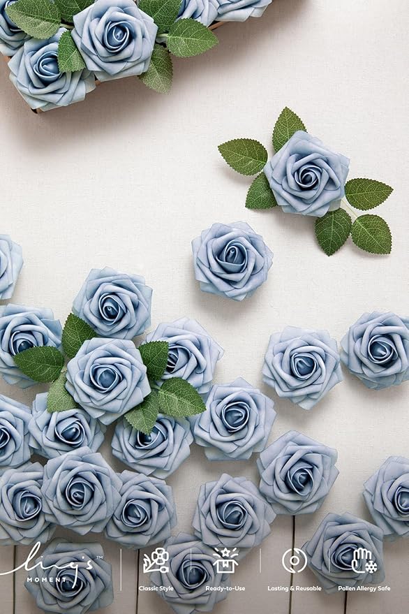 Ling's moment Artificial Flowers 25Pcs Provence Roses Decor w/Stems,3" DIY Foam Floral for Wedding Bouquet/Centerpieces, Outdoors Party Backdrop, Room/Table, and Garden/Pot Decorations