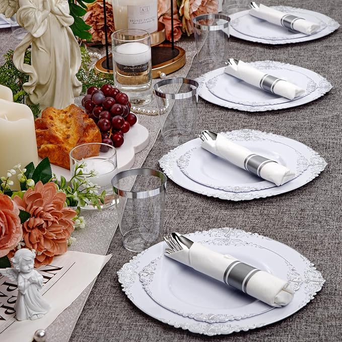 Hioasis 210pcs White and Silver Plates - White Party Plates for 30 Guest, Include 60 Heavy-duty Plates(20% Thicker Than Standard), 30 Pre Rolled silver Plastic Silverware Set, 30 Cups