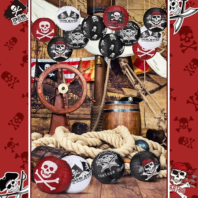 Panelee 12 Pcs Pirate Theme Paper Lanterns Birthday Party Decorations 8 Inch Hanging Round Paper Lanterns for Halloween Party Decorations Holiday Indoor Outdoor Ceiling Ornament Supplies