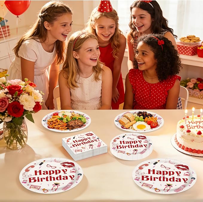 96Pcs Music Singer Happy Birthday Decorations Red lip Pink Bow Y2k Plates and Napkins Disposable Red Music Lovers Paper Tableware for Girls Women Singer Fans Birthday Bday Party Supplies Serves 24