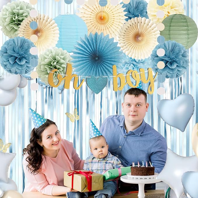 Dusty Blue Sage Green Baby Shower Decorations Oh Boy Banner Light Blue Tissue Pom Poms Flowers Beige Paper Fans Lantern Circle Dot Garlands for Birthday Boho Baby Boy Shower Party Decorations