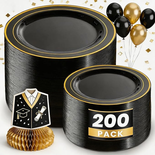 WDF 200PCS Black and Gold Plastic Plates - Black Plates Disposable for Party - Heavy Duty Plastic Plate for Wedding/Party/Birthday/Graduation