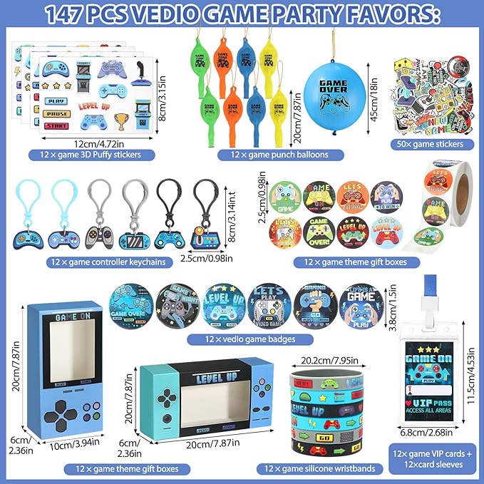147 Pcs Video Game Party Favors for Kids Gamer Goodie Bag Stuffers Gaming Birthday Party Supplies with Gift Boxes, VIP Pass, Balloons, Bracelets, Keychains, Badges, 3D Stickers (Blue)