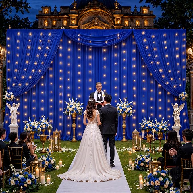 Royal Blue Backdrop Curtains with Lights for Parties,10x10FT Wrinkle Free Wedding Photo Backdrop Drapes Fabric for Baby Shower Birthday Ceremony Reception Home Party Decorations