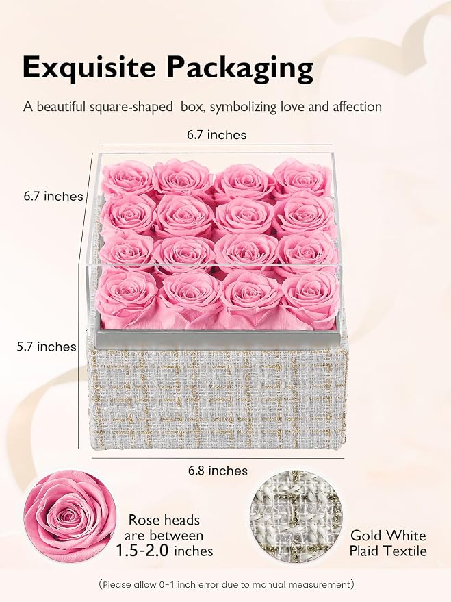 Eterfield Forever Flowers Preserved Roses Real Roses that Last Over a Year Rose Box Gifts for Her Mothers Day Valentines Day Christmas (Square Gold White Plaid Box, 16 Pink Roses)