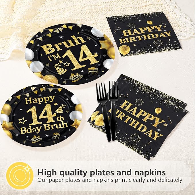 96 Pcs Bruh 14th Birthday Party Decorations Black Gold Bruh I’m 14 Plates and Napkins It's My 14th Birthday Tableware Set for Teen Boys and Girls 14 Years Old Party Supplies, Serves 24