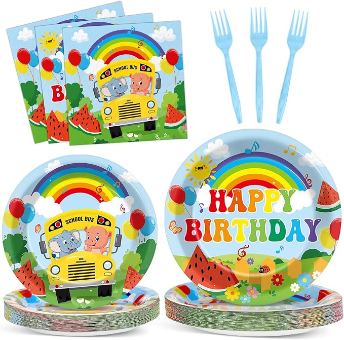 96Pcs Cartoon Melon Birthday Party Decorations Watermelon Theme Tableware Watermelon Bus Rainbow Plates Napkins Forks Cartoon Melon Dinnerware Party Supplies for Kids Birthday Baby Shower Serves 24