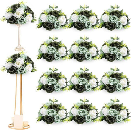 Hotop 24 Pcs Artificial Rose Flower Balls for Centerpieces, Silk Roses Kissing Balls Romantic Faux Floral Arrangements for Engagement Wedding Home Decor (Forest Green)