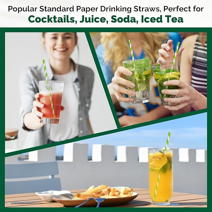 [1000 Count] 7.75 Inch Green/White Striped Paper Drinking Straws Bulk, 100% Biodegradable
