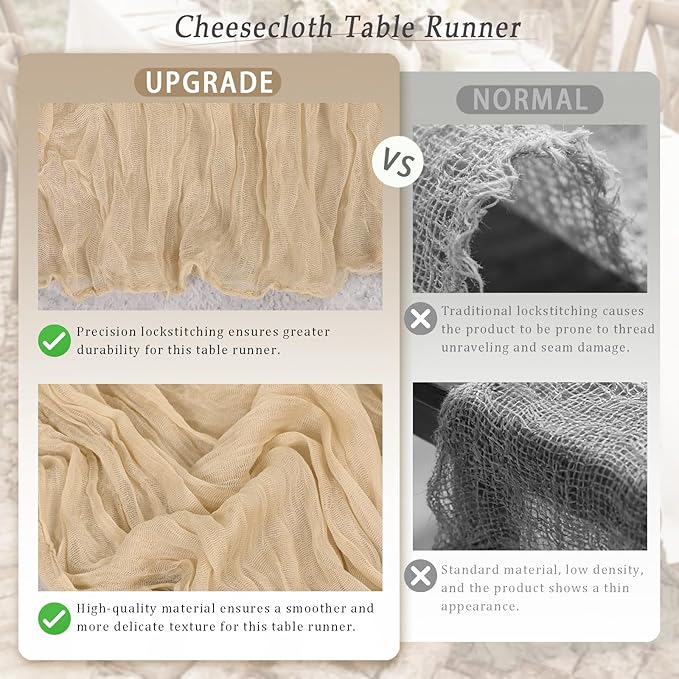 20 Pack Beige Cheesecloth Table Runner 17x108 Inch Semi Sheer Boho Rustic Gauze Cheese Cloth Table Runners for Wedding Party Birthday Baby Shower Home Décor
