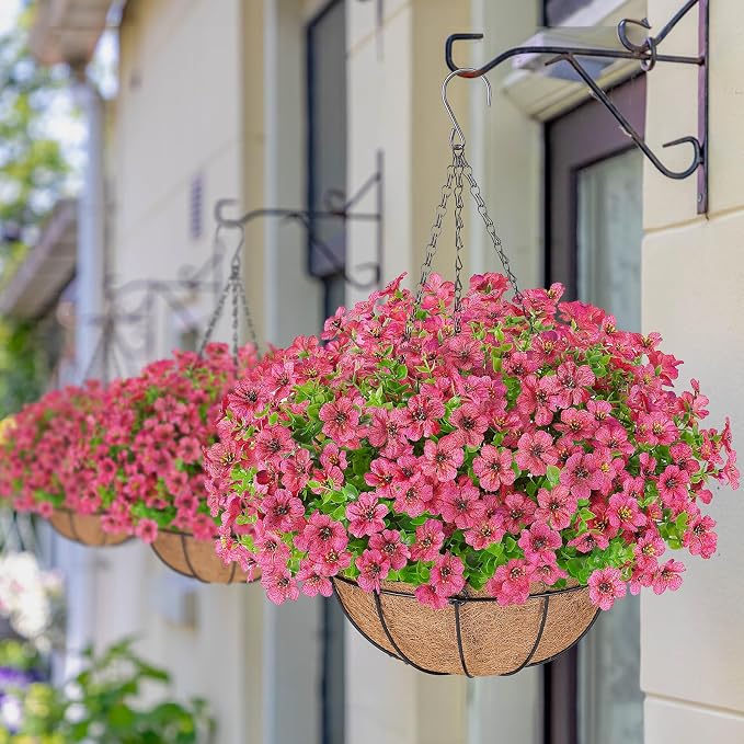 AGIRL Artificial Hanging Flowers with Baskets for Outdoors,UV Resistant Fake Hanging Plants for Outdoor Porch Patio Garden, Realistic Silk Flowers for Spring Summer Home Decor(Rose Red)