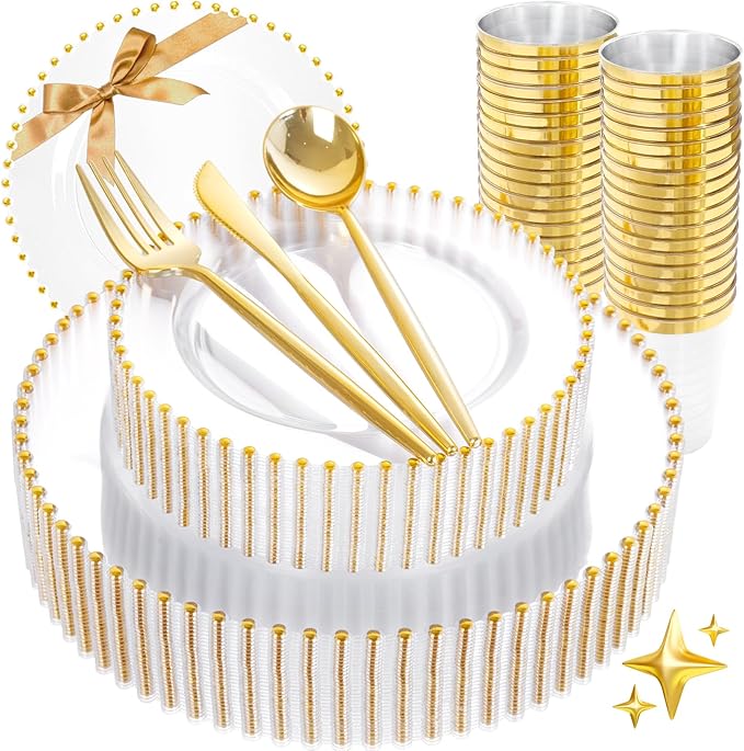 supernal 180Pcs Clear Gold Dinnerware Set,Premium Heavy Duty Clear Plastic Plates with Gold Beads,Clear Disposable Plates with Plastic Silverware and 10oz Cups for Wedding/Party/Valentine's Day