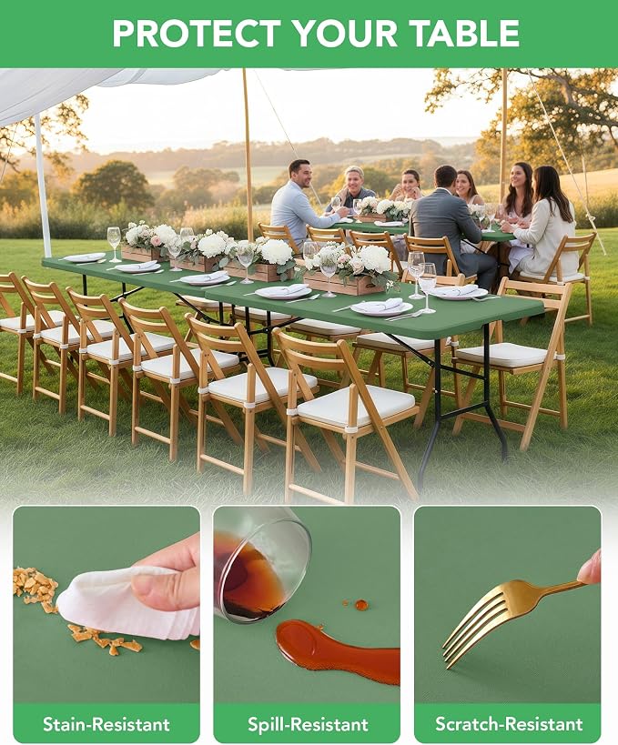 KeyWave Fitted Tablecloth Rectangle Table Cloths - 6 Pack 8 Foot Elastic Stretch Folding Table Top Cover Water-Resistant Reusable for Outdoor Picnic Camping Party Event, Sage Green, 96" L x 30" W
