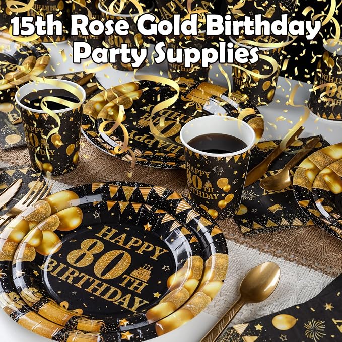 350PCS 80th Birthday Party Decorations for 50 Guests Black and Gold Party Supplies Include Disposable Paper Plates, Napkins, Cups, and Tableware