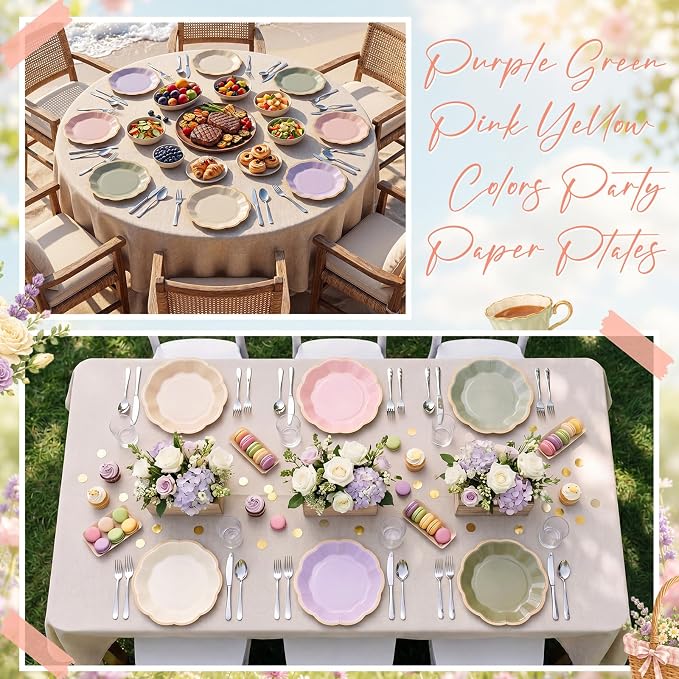 72 Pcs Sage Green Purple Pink Paper Plates 9 Inch Fairy Scalloped Paper Disposable Dinner Dessert Plates for Flower Floral Butterfly Birthday Wedding Bridal Party Supplies, 6 Colors