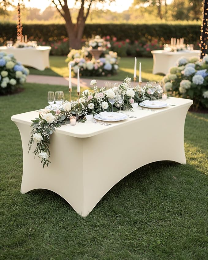 Fixwal Ivory Stretch Table Cloth Rectangle 2 Pack 6Ft, Spandex Fitted Table Covers Washable for Party, Trade Show, Banquet, Wedding, Buffet