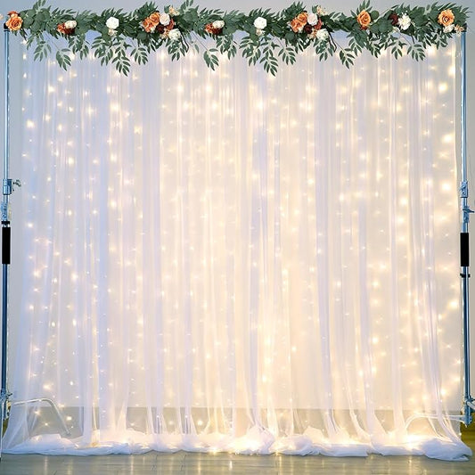 White Tulle Backdrop Curtain with Lights String for Parties Wedding Bridal Shower Sheer White Curtain Backdrop for Birthday Baby Shower Photo Booth Photography Background Decorations 20ft x 10ft