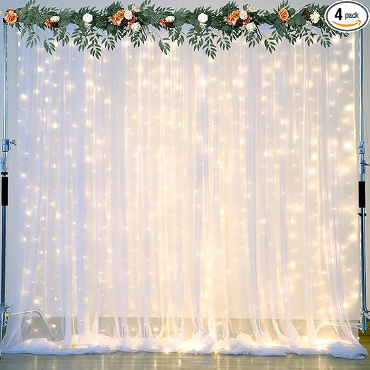 White Tulle Backdrop Curtain with Lights String for Parties Wedding Bridal Shower Sheer White Curtain Backdrop for Birthday Baby Shower Photo Booth Photography Background Decorations 20ft x 8ft