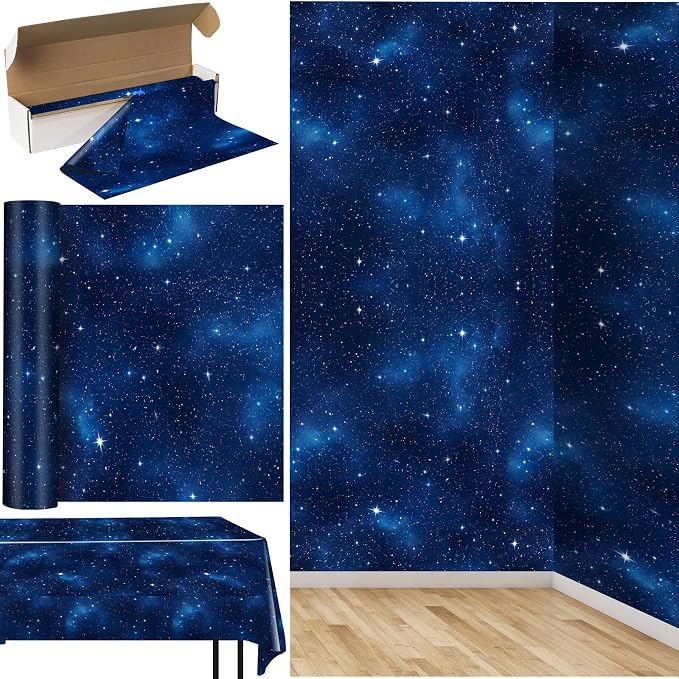 Hallswl 100ft x 54in Space Tablecloth Roll, Disposable Plastic Galaxy Table Cloth Blue Starry Sky Design Rectangle Table Covers for Kids Science Party, Birthday, Space Theme Party Decorations