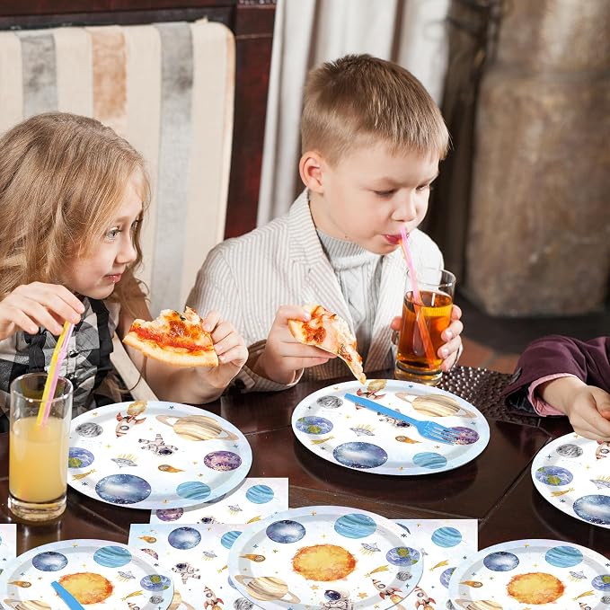 140PCS Space Themed Paper Plates Party Supplies Decorations, Birthday Paper Plates First Trip Around The Sun Astronaut Planet Cake Plate Tableware Dinner Set for Boys Girls Birthday Shower