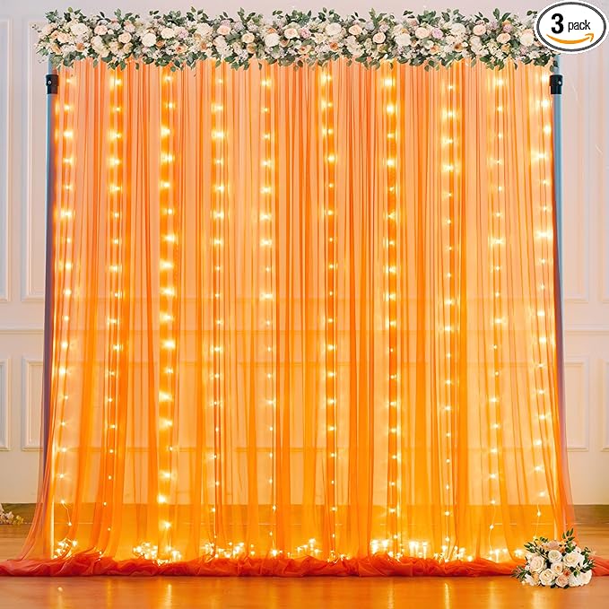 Orange Tulle Backdrop Curtain with Lights String for Parites 10x8ft Sheer Backdrop Curtains Drapes for Birthday Party Baby Shower Wedding Ceremony Prom Halloween Photo Booth Background Decorations