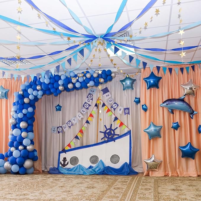 Frienda 14 Pcs Blue Party Decorations Set 492ft Colorful Crepe Paper Streamers, 52.8ft Gold Star Garlands Backdrop and 4 Pennant Banner Flags for Wedding Birthday Fancy Party Hanging Decorations