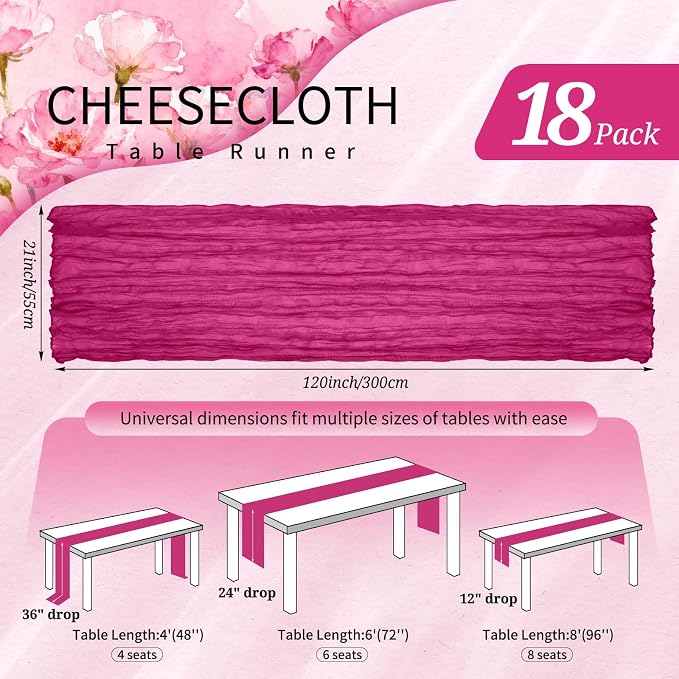 18 Pack Cheesecloth Table Runner 10FT Fuschia Table Runner Boho Gauze Cheese Cloth Table Runners Long Rustic Sheer Table Decorations for Wedding Party Baby Bridal Shower Birthday Holiday Spring