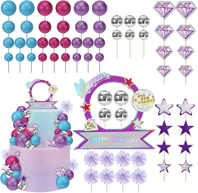 Sanwuta 77 Pcs Kpop Theme Party Cake Topper Set Disco Ball Glitter Ball Star Diamond Insert Foil Fireworks and Cake Standee for Kpop Theme Birthday Graduation Music Lover Decors