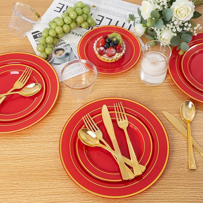 WDF Partyware 175 Pieces Red Plastic Plates with Gold Rim Include Dinner Plate 10" Dessert Plate 7" gold Cups 9 OZ, Pre Rolled Napkins 25 of each type for Wedding/Party/Birthday