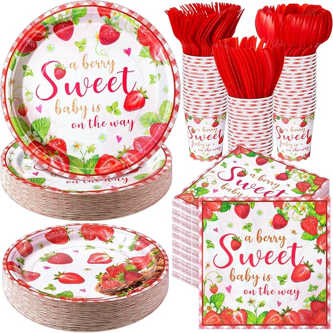Ziliny 350 Pcs Sweet Baby Shower Party Supplies a Berry Sweet Baby Is on the Way Tableware Set Strawberry Disposable Plates Napkins Paper Cup Plastic Cutlery Serves 50