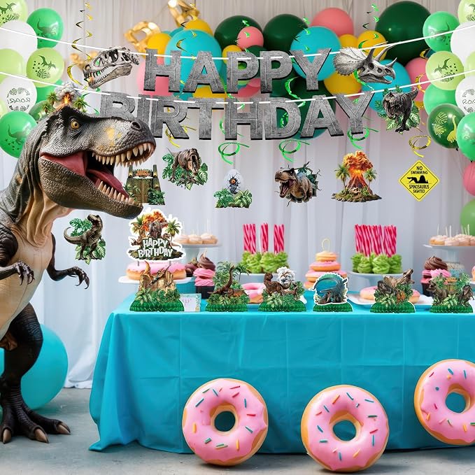 Dinosaur Birthday Decorations Dino World Party Decorations Tableware Set Include Dinosaur Balloons, Cake Topper, Hanging Swirls, Honeycomb, Banner Dino Party Supplies for Boys Kids Birthday Decor