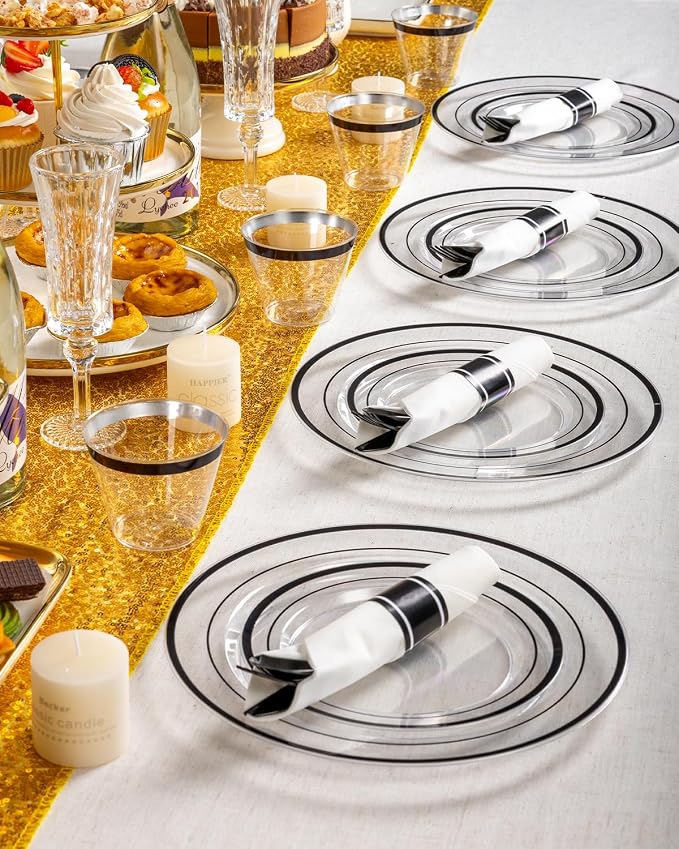 Goodluck 175 Pcs Disposable Clear and Black Party Plate Cup Napkin Sets | Black Plates for Party Include 50 Plates, 25 Pack Pre Rolled Napkins with Silverware, 25 Cups for Graduation, Halloween