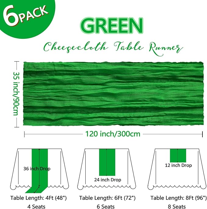 6 Pack Green Cheesecloth Table Runner 10Ft Spring Gauze Cheese Cloth Table Runner 35x120 Inch Boho Sheer Rustic Fabric for Party Decor Baby Shower Wedding Holiday Decorations
