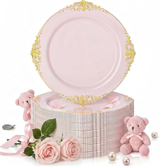 Nervure 100PCS Pink and Gold Plastic Plates - 7.5 inch Pink Plastic Plates with Gold Rim - Disposable Dessert Plate for Wedding & Party & Mothers Day