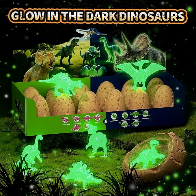 12 Glow in The Dark Dinosaur Eggs, Dig Kit Toys for Kids, Dinosaur Eggs Excavation Kit with Magnifier, Easter Basket Stuffers, STEM Party Favor Gifts for Boys Girls Age 3 4 5 6 7 8 9 10 + Years Old