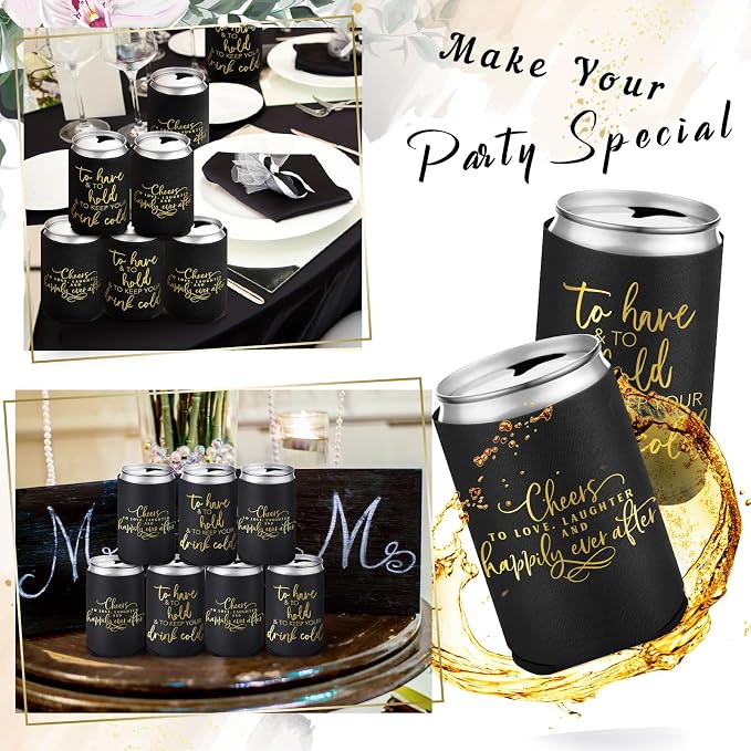 Qinyoung 50 Pieces Black Wedding Can Cooler Sleeves Bulk Engagement Party Favors for Guests Cheers to Love Laughter Happily Ever After Rehearsal Dinner Decorations for Wedding Bridal Party