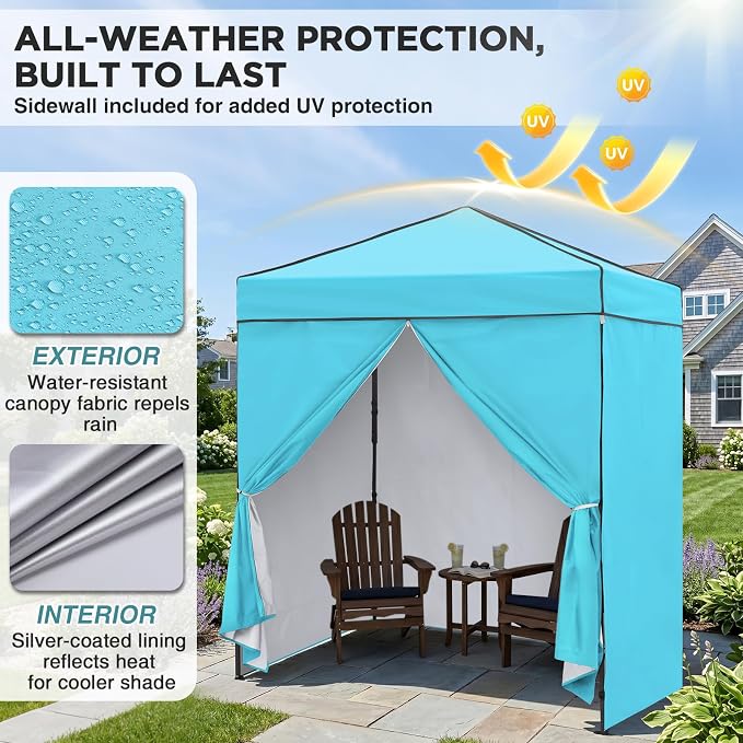 EAGLE PEAK 6x4 Instant Pop Up Canopy Tent with 4 Side Wall Panels, Straight Leg Sun Shelter, Portable Canopy with Carry Bag for Camping, Beach & Sports, Light Blue
