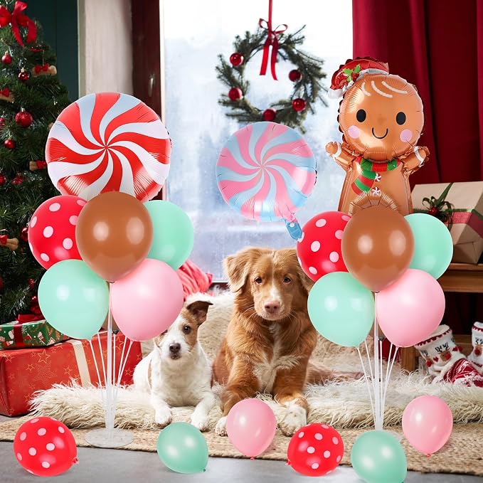6 Sets Christmas Gingerbread Balloon Stand Kit for Table with Gingerbread Man Candy Cane Foil Balloon Centerpiece for Christmas Theme Xmas Birthday Holiday New Year Party Table Decorations