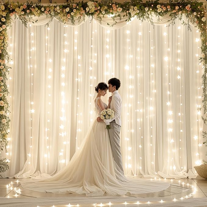 20ft x 10ft Ivory Chiffon Backdrop Curtain with Lights String for Parties,4 Panels Sheer Tulle Curtain Wedding Backdrop for Baby Shower Birthday Party Ceremony Reception Home Decorations