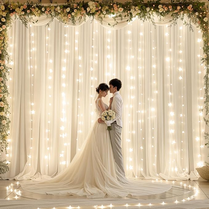 10ft x 10ft Ivory Chiffon Backdrop Curtain with Lights String for Parties,2 Panels Sheer Tulle Curtain Wedding Photo Backdrop with Lights for Baby Shower Birthday Party Ceremony Home Decorations