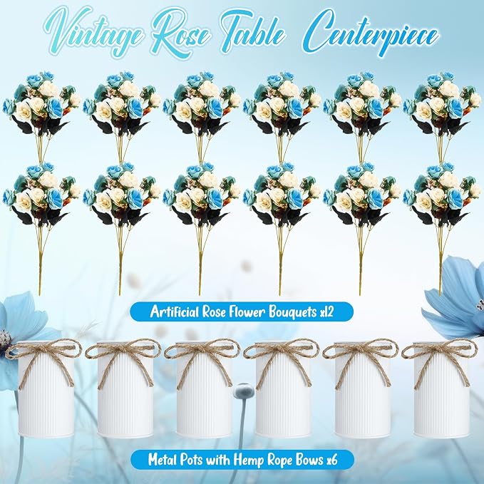 Domensi 6 Sets Wedding Centerpiece for Table Artificial Rose with Vase Fake Bouquets and Metal Pot Flower Arrangements for Bridal Shower Birthday Party Event Table Decor (Teal)