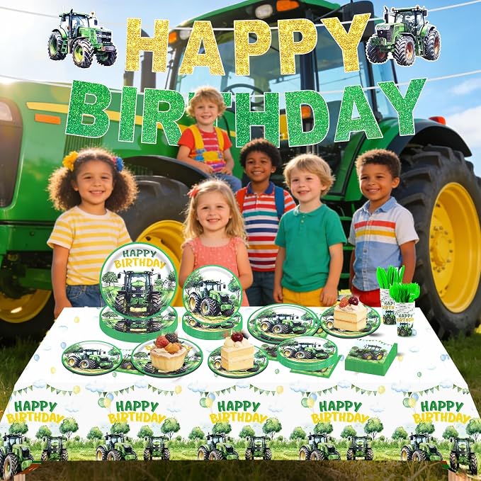 182pcs Tractor Birthday Decorations,Green Farm Party Tableware Set Includes Plates and Napkins,Cups,forks,knives,banner,Tablecloth,for Tractor Birthday Party Supplies,Serve 30