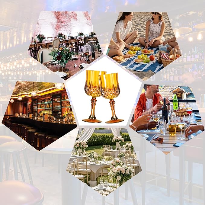 XKXKKE 12 Pcs Amber Plastic Wine Glasses, Plastic Water Goblets for Parties, Stemmed Drinking Glasses for Wedding Reception, Grand Event Party Bar Supplies Reusable Drinking Cups
