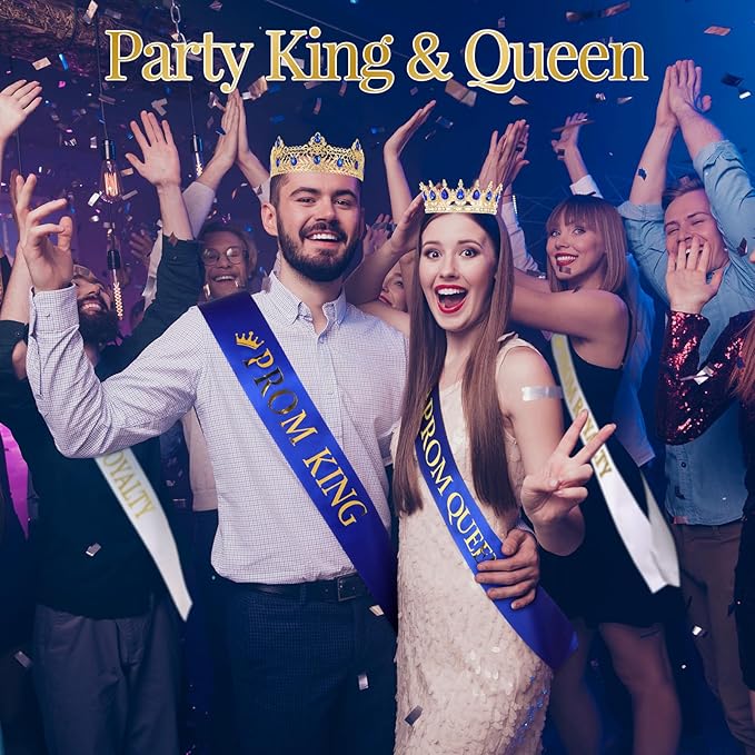 Saintrygo 12 Pcs Prom Crown and Sash Set, Prom King and Queen Tiara Rhinestone Crown Glitter Court Royal Satin Sash for 2026 Graduation Ball Dance Night Party Birthday Accessory(Blue,Elegant)