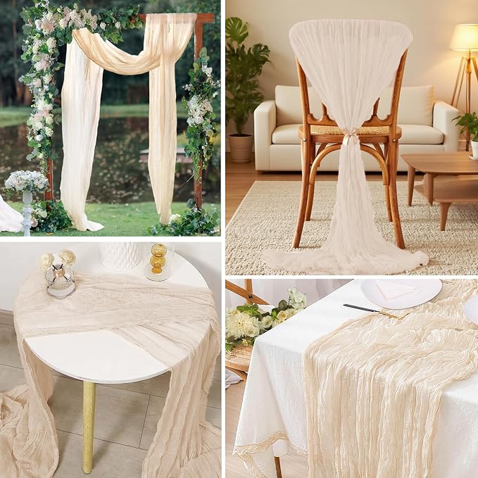 16 Pack Cheesecloth Table Runners 20" x 120", Boho Gauze Table Decor for Wedding, Bridal Shower, Birthday Party, Long Romantic Runner(Beige)