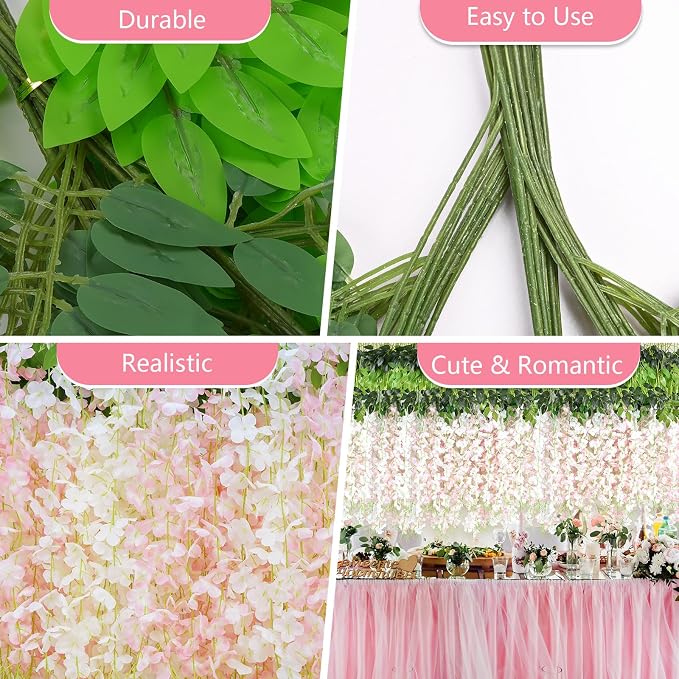 12Pcs Artificial Wisteria Hanging Flowers, 3.6Ft/Pcs White & Pink Fake Wisteria Garland for Wedding Party Home Garden Indoor Outdoor Decoration
