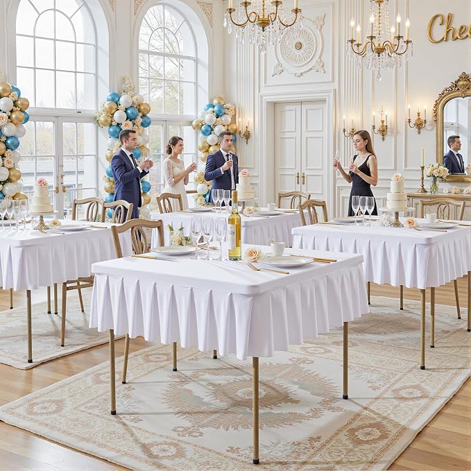 Shillance 48x48 Inch White Spandex Square Tablecloth 2 Pack,Wrinkle Free White Fitted Table Cloth for Square Tables,Washable Pleated Table Cover for Wedding Birthday Cocktail Party Buffet Dinner