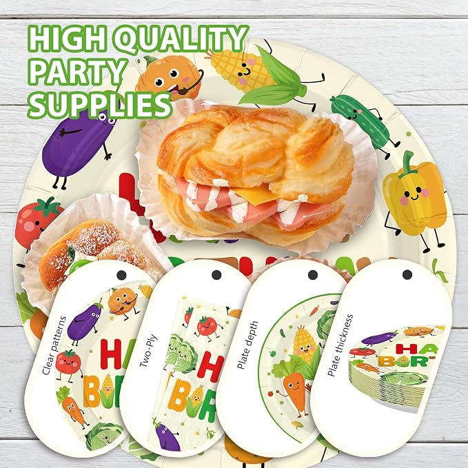 96Pcs Vegetable Birthday Party Supplies Cute Vegetable Plates and Napkins Garden Theme Tableware Sets for Farmer Market Birthday Baby Shower Party Decorations,Serves 24