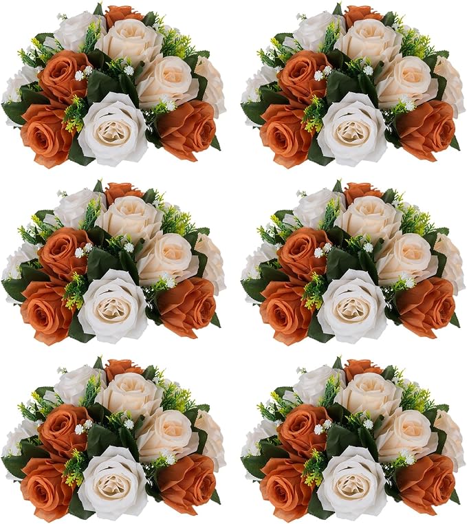 NUPTIO Terracotta Flower Ball Centerpieces: 6 Pcs Artificial Rose Kissing Balls for Wedding Party Tables - Faux Silk Floral Arrangements for Fall Home Thanksgiving Event Dining Decorations