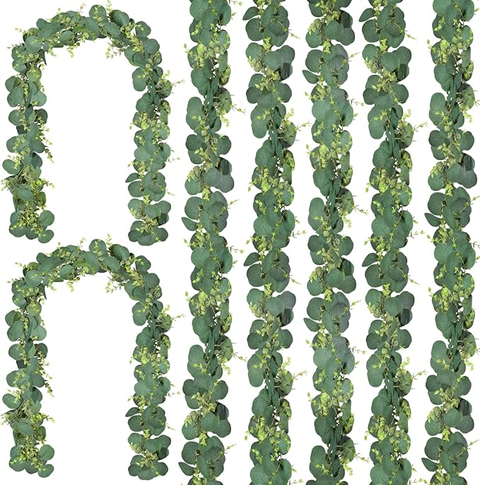 CQURE 7Pcs Eucalyptus Garland,Artificial Eucalyptus Leaves Table Greenery Garland Wreath Vines for Wedding Party Table Fireplace Bedroom Wall Room Decor